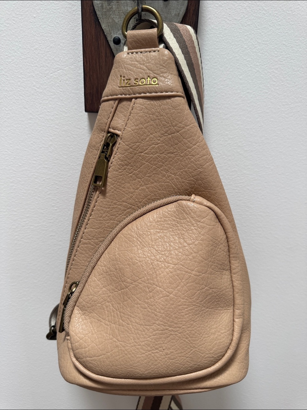 Liz Soto Beige Pebble Leather look Crossbody Sling Bag
